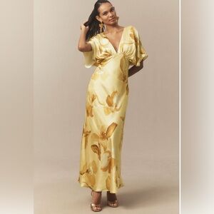 Anthropologie BHLDN Amelia Deep-V Flutter-Sleeve Satin A-Line Gown